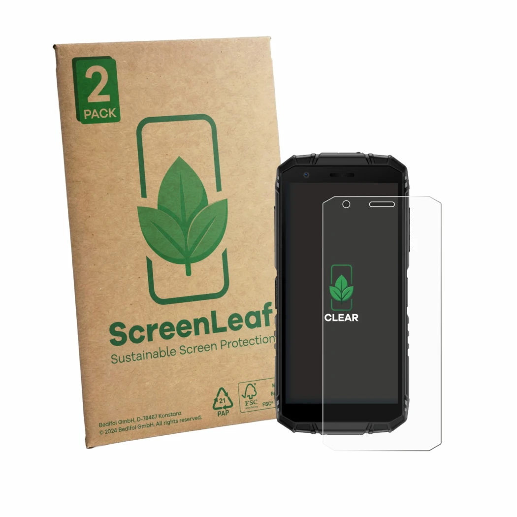 Parte frontale di una confezione del prodotto con il logo del marchio ScreenLeaf. Accanto è raffigurato il dispositivo Doogee 