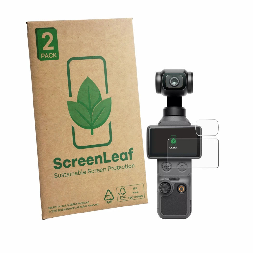 Parte frontale di una confezione del prodotto con il logo del marchio ScreenLeaf. Accanto è raffigurato il dispositivo DJI Osm