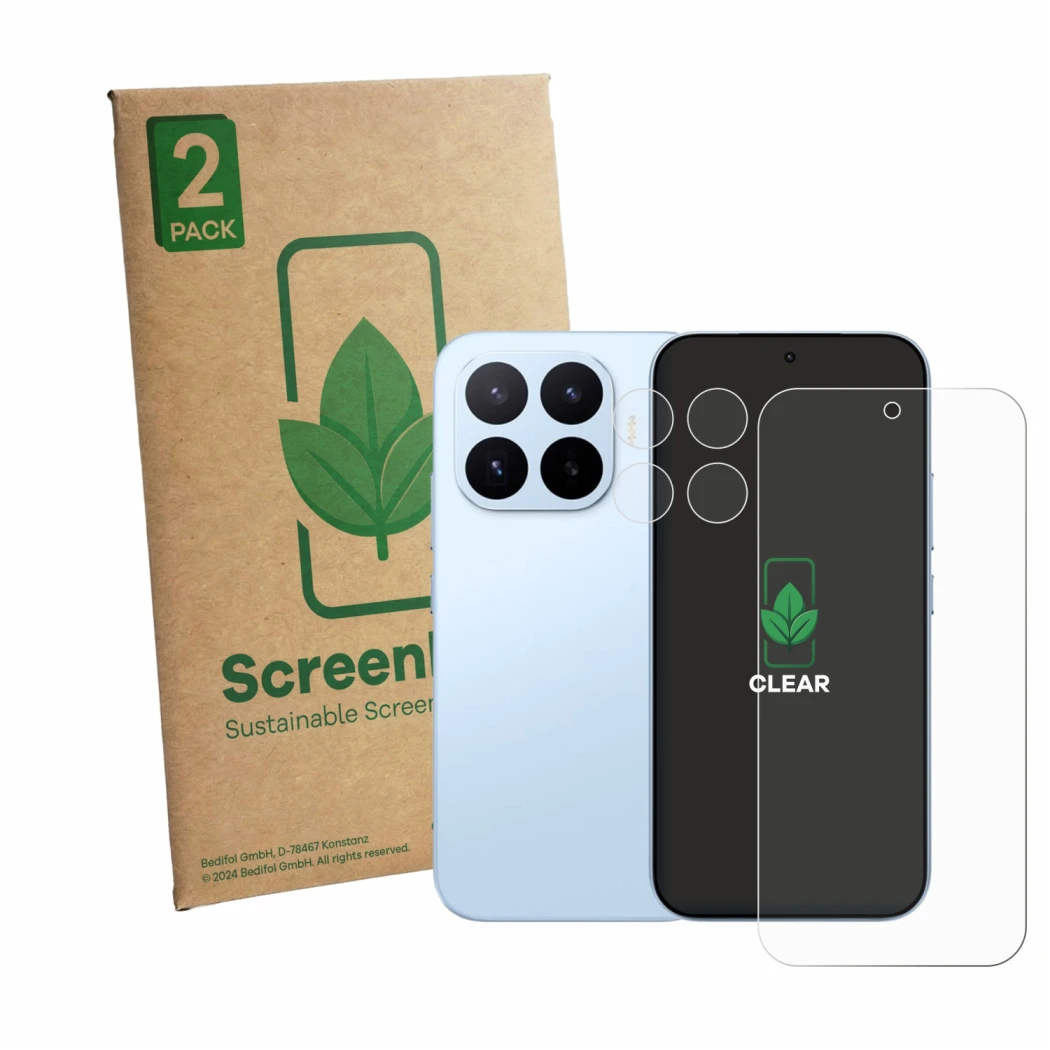 Parte frontale di una confezione del prodotto con il logo del marchio ScreenLeaf. Accanto è raffigurato il dispositivo Xiaomi 