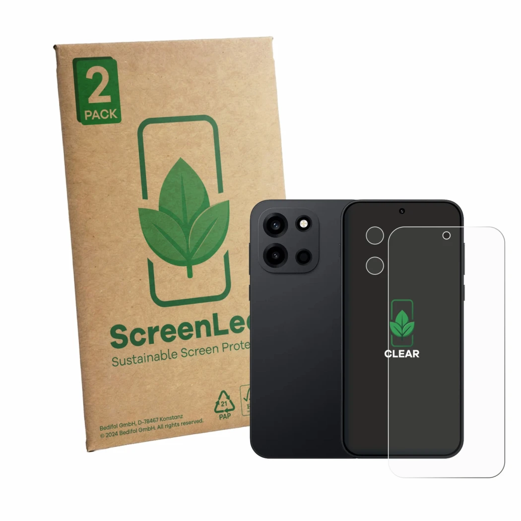 Parte frontale di una confezione del prodotto con il logo del marchio ScreenLeaf. Accanto è raffigurato il dispositivo OnePlus