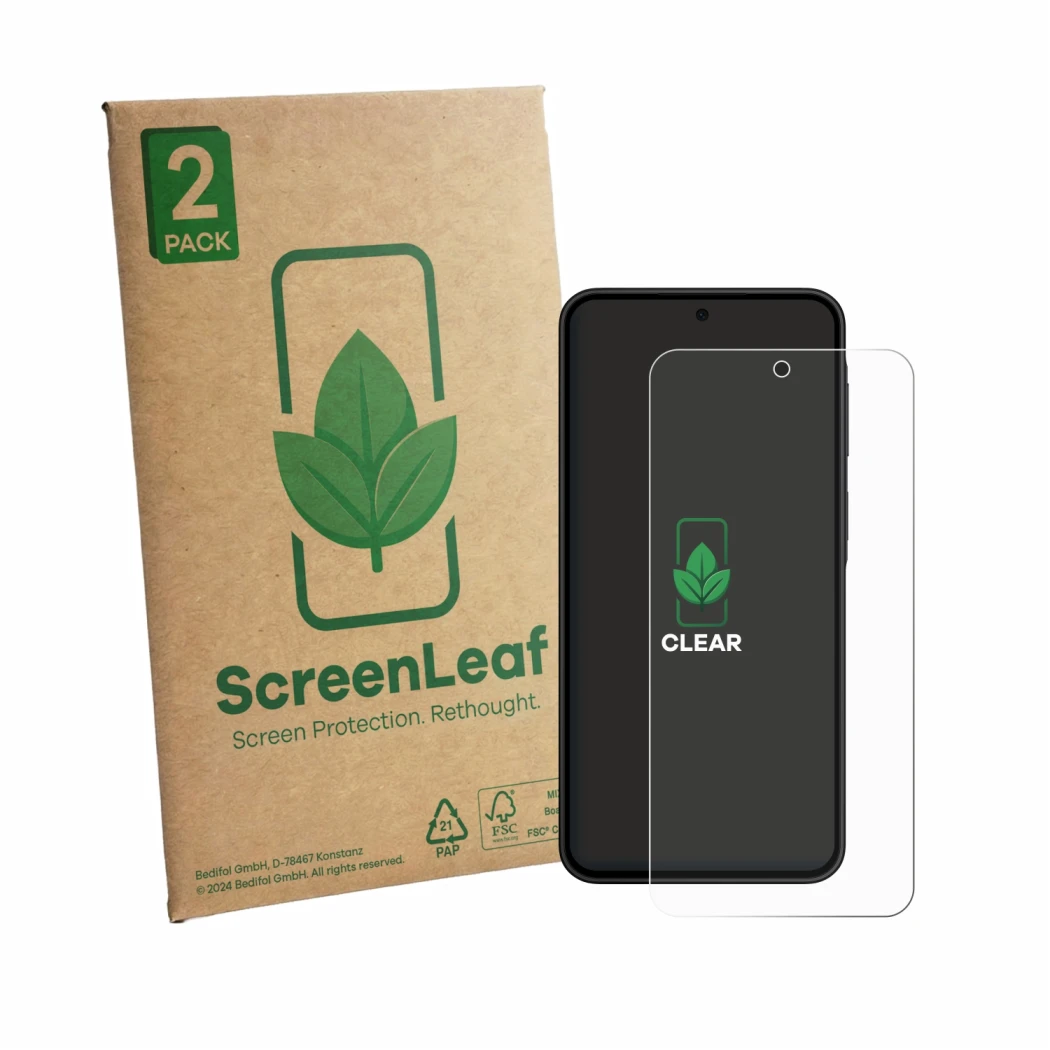 Parte frontale di una confezione del prodotto con il logo del marchio ScreenLeaf. Accanto è raffigurato il dispositivo Samsung