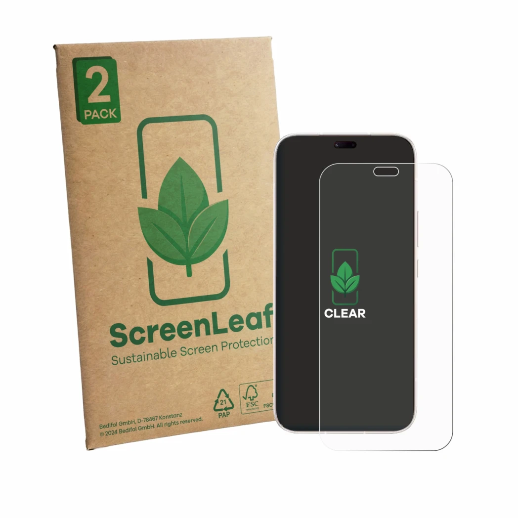 Parte frontale di una confezione del prodotto con il logo del marchio ScreenLeaf. Accanto è raffigurato il dispositivo Honor P