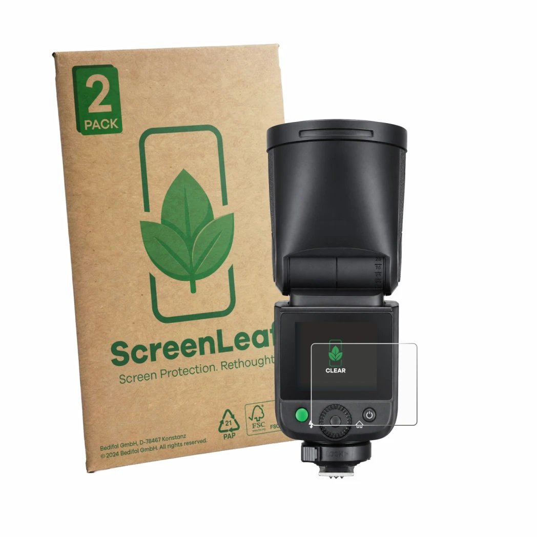Parte frontale di una confezione del prodotto con il logo del marchio ScreenLeaf. Accanto è raffigurato il dispositivo Godox V