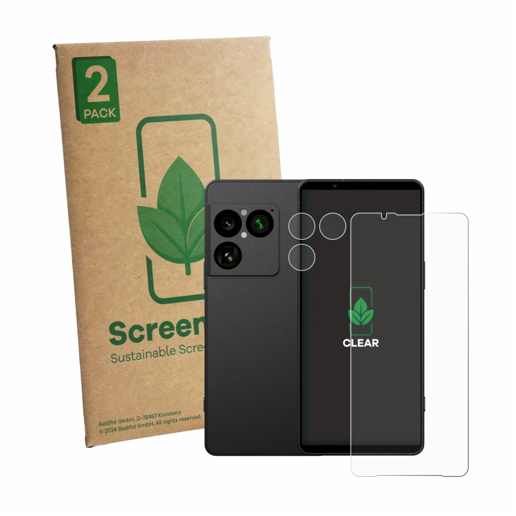 Parte frontale di una confezione del prodotto con il logo del marchio ScreenLeaf. Accanto è raffigurato il dispositivo Sony Xp
