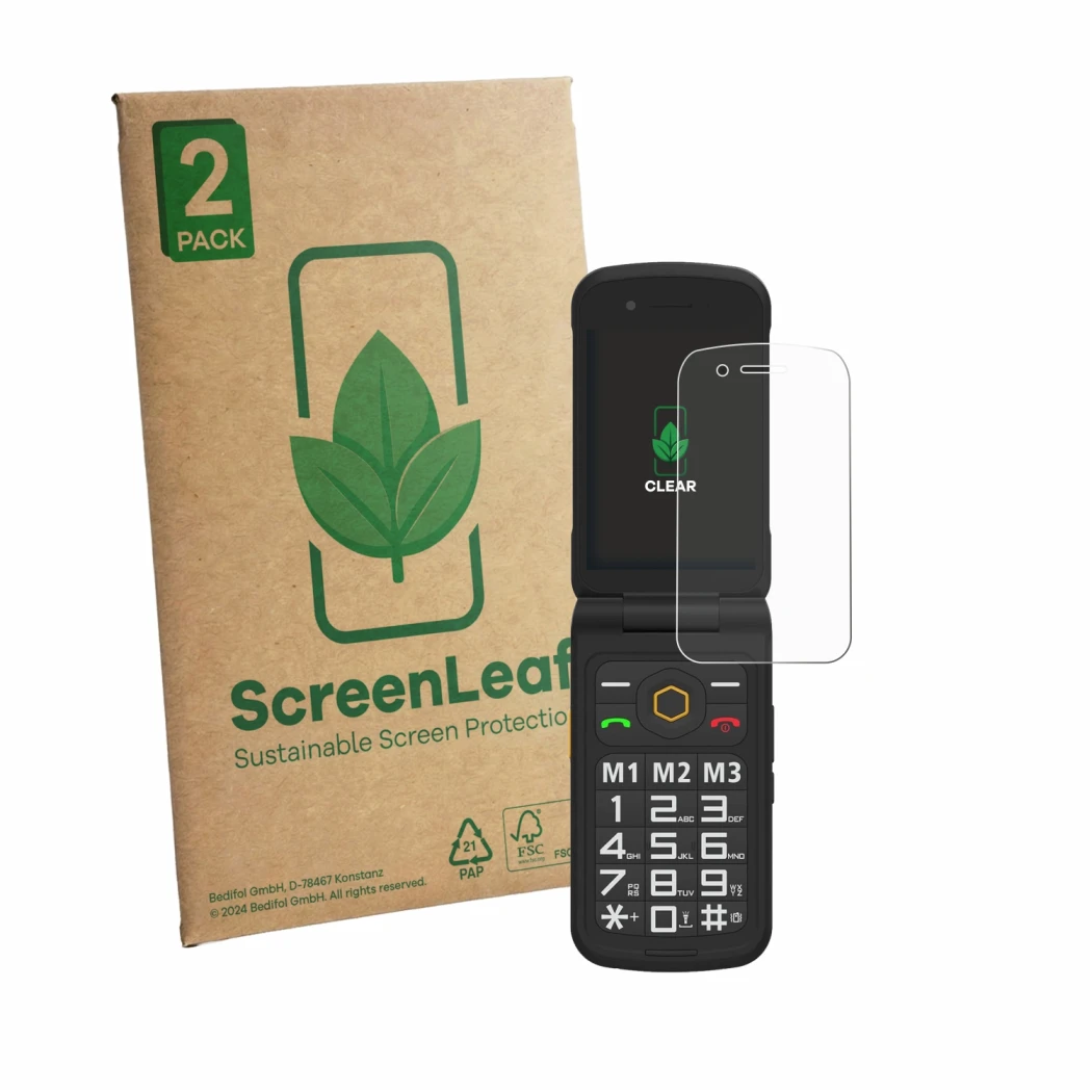 Parte frontale di una confezione del prodotto con il logo del marchio ScreenLeaf. Accanto è raffigurato il dispositivo AGM M8 