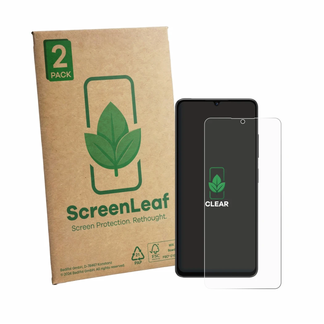 Parte frontale di una confezione del prodotto con il logo del marchio ScreenLeaf. Accanto è raffigurato il dispositivo Lava Sh