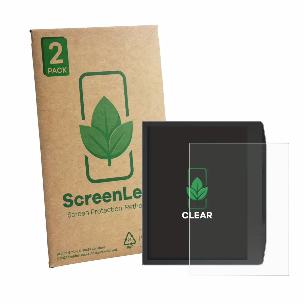 Parte frontale di una confezione del prodotto con il logo del marchio ScreenLeaf. Accanto è raffigurato il dispositivo PocketB