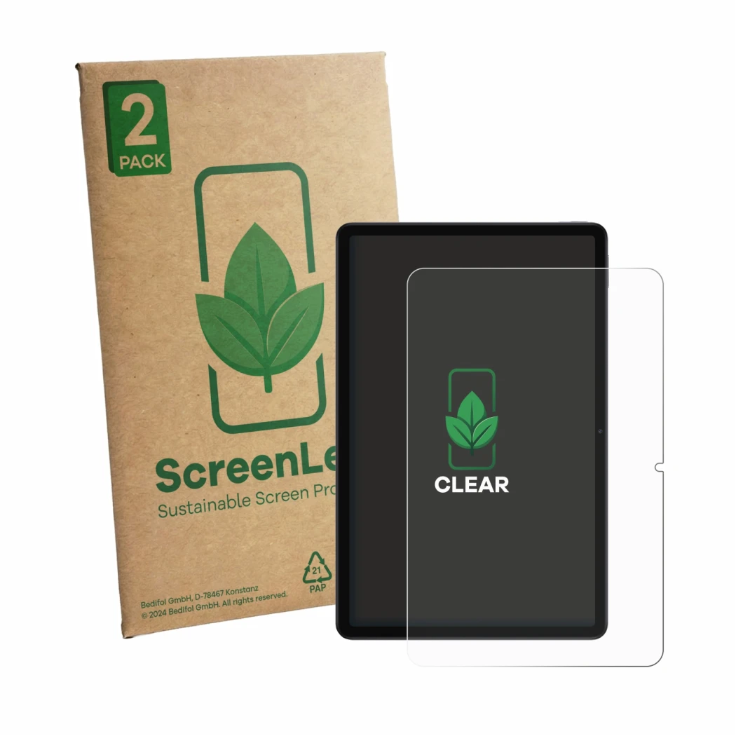Parte frontale di una confezione del prodotto con il logo del marchio ScreenLeaf. Accanto è raffigurato il dispositivo Xiaomi 