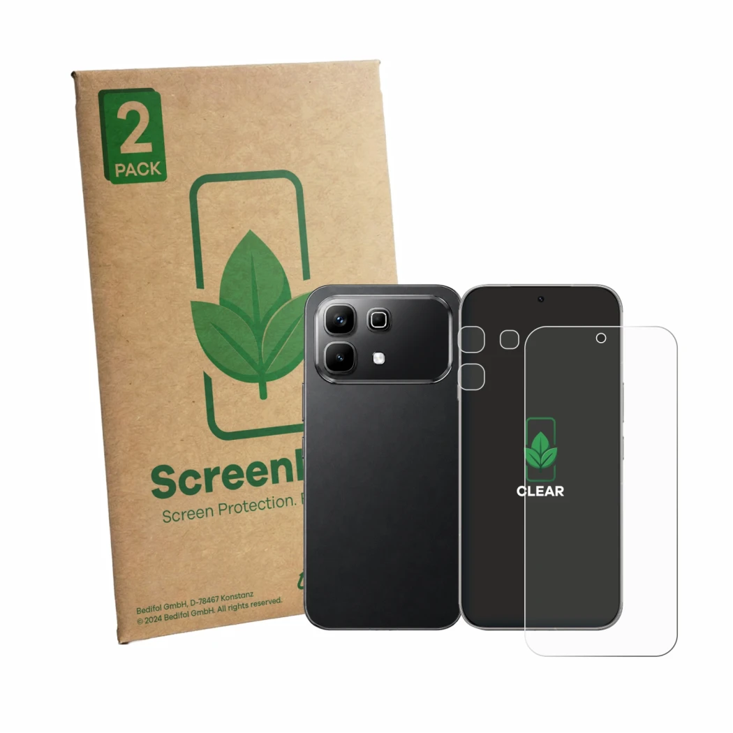 Parte frontale di una confezione del prodotto con il logo del marchio ScreenLeaf. Accanto è raffigurato il dispositivo Infinix