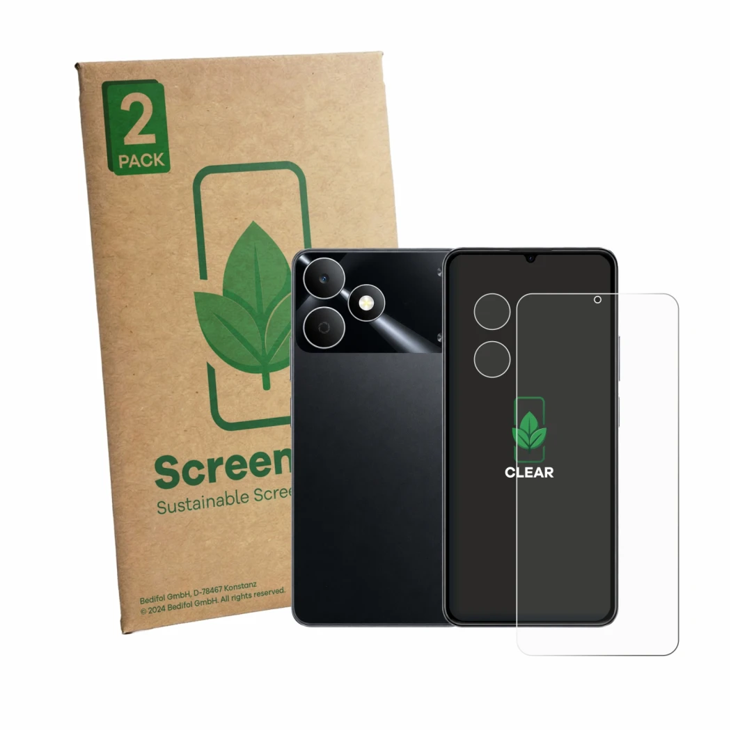 Parte frontale di una confezione del prodotto con il logo del marchio ScreenLeaf. Accanto è raffigurato il dispositivo realme 