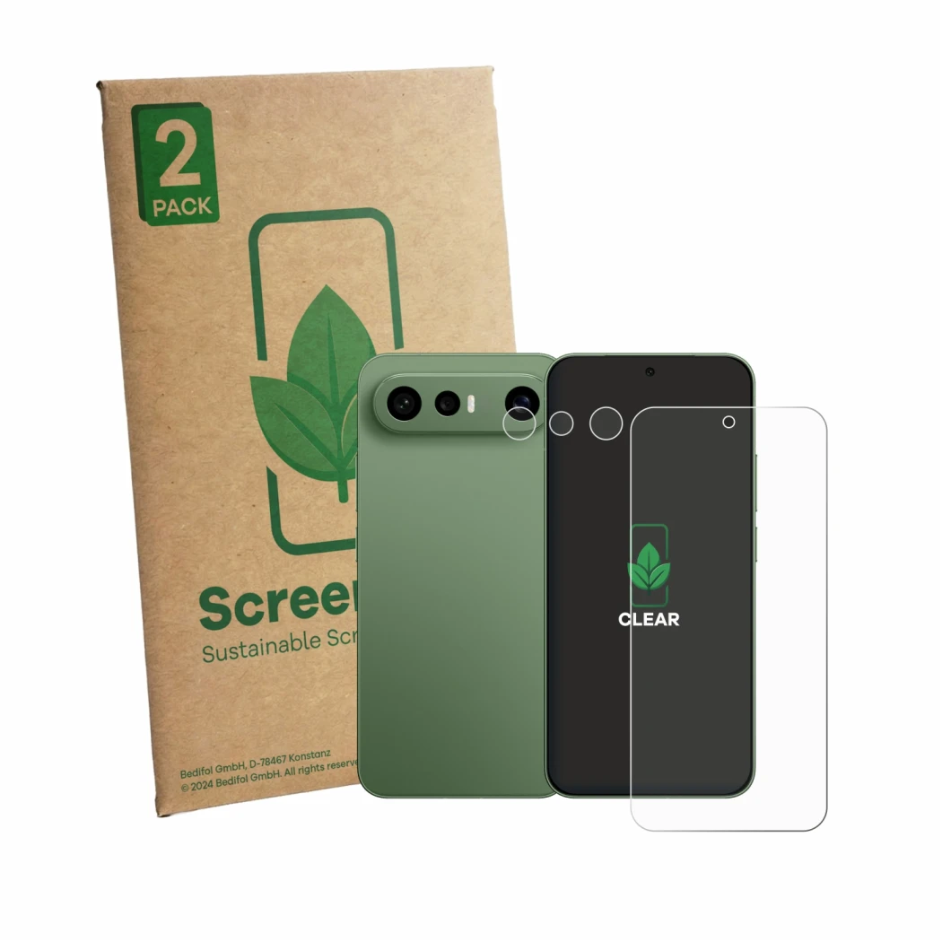 Parte frontale di una confezione del prodotto con il logo del marchio ScreenLeaf. Accanto è raffigurato il dispositivo Vivo X3