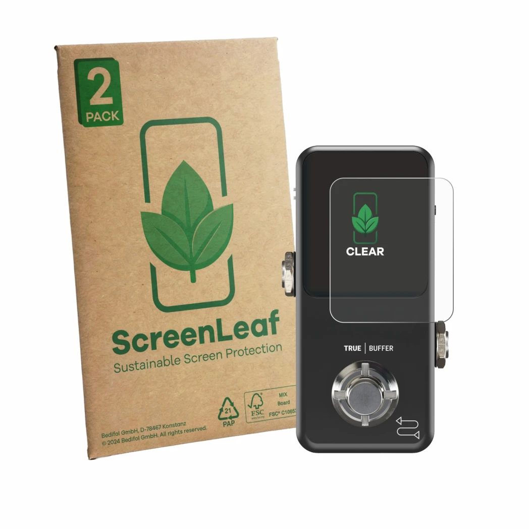 Parte frontale di una confezione del prodotto con il logo del marchio ScreenLeaf. Accanto è raffigurato il dispositivo TC Elec