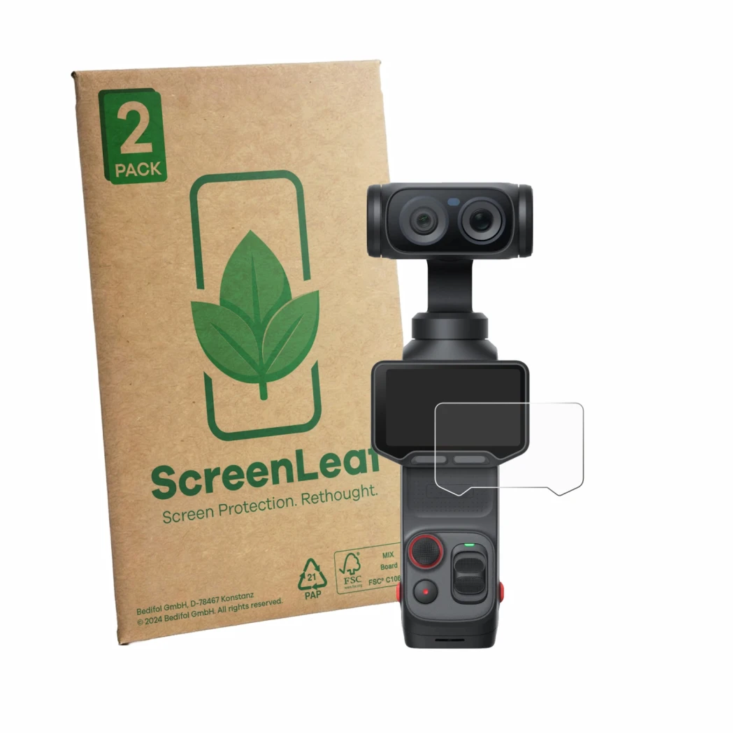 Parte frontale di una confezione del prodotto con il logo del marchio ScreenLeaf. Accanto è raffigurato il dispositivo Insta36