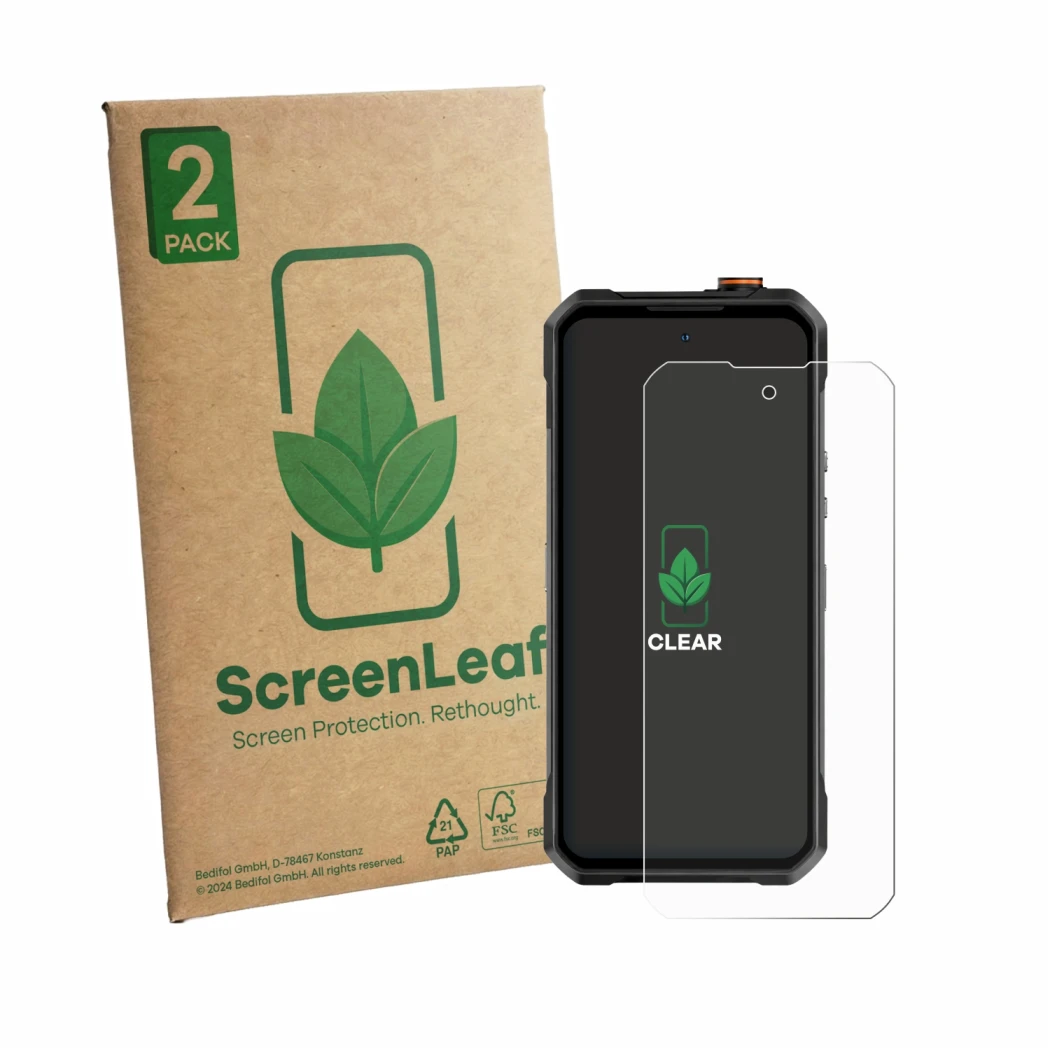 Parte frontale di una confezione del prodotto con il logo del marchio ScreenLeaf. Accanto è raffigurato il dispositivo Oukitel