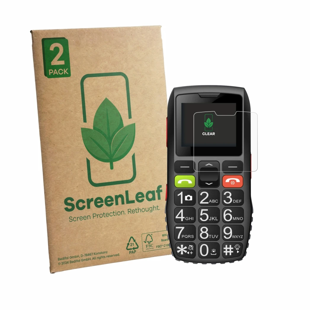Parte frontale di una confezione del prodotto con il logo del marchio ScreenLeaf. Accanto è raffigurato il dispositivo artfone