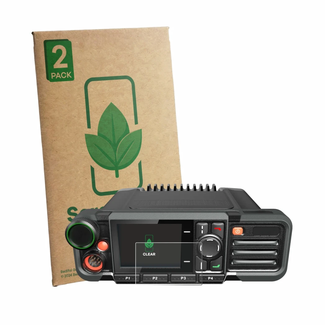 Parte frontale di una confezione del prodotto con il logo del marchio ScreenLeaf. Accanto è raffigurato il dispositivo Hytera 
