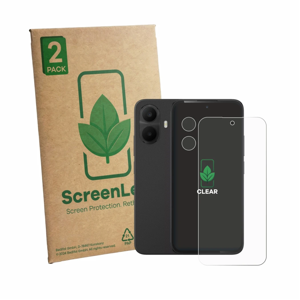 Parte frontale di una confezione del prodotto con il logo del marchio ScreenLeaf. Accanto è raffigurato il dispositivo TCL K70