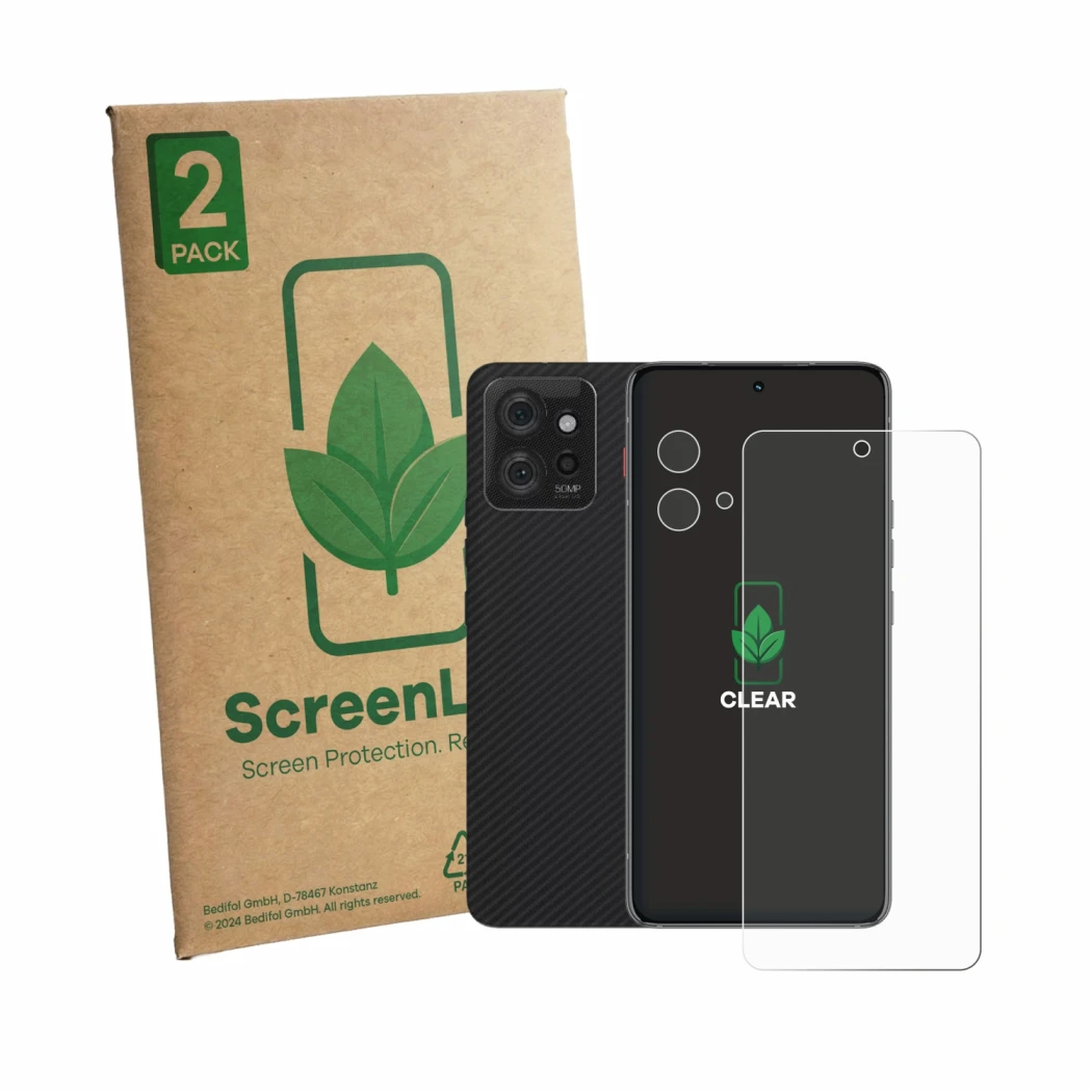 Parte frontale di una confezione del prodotto con il logo del marchio ScreenLeaf. Accanto è raffigurato il dispositivo Motorol