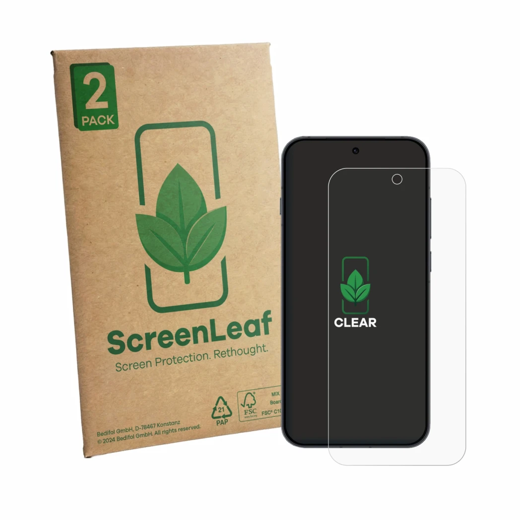 Parte frontale di una confezione del prodotto con il logo del marchio ScreenLeaf. Accanto è raffigurato il dispositivo Oppo Re