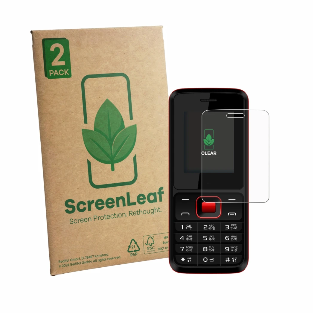 Parte frontale di una confezione del prodotto con il logo del marchio ScreenLeaf. Accanto è raffigurato il dispositivo Karbonn