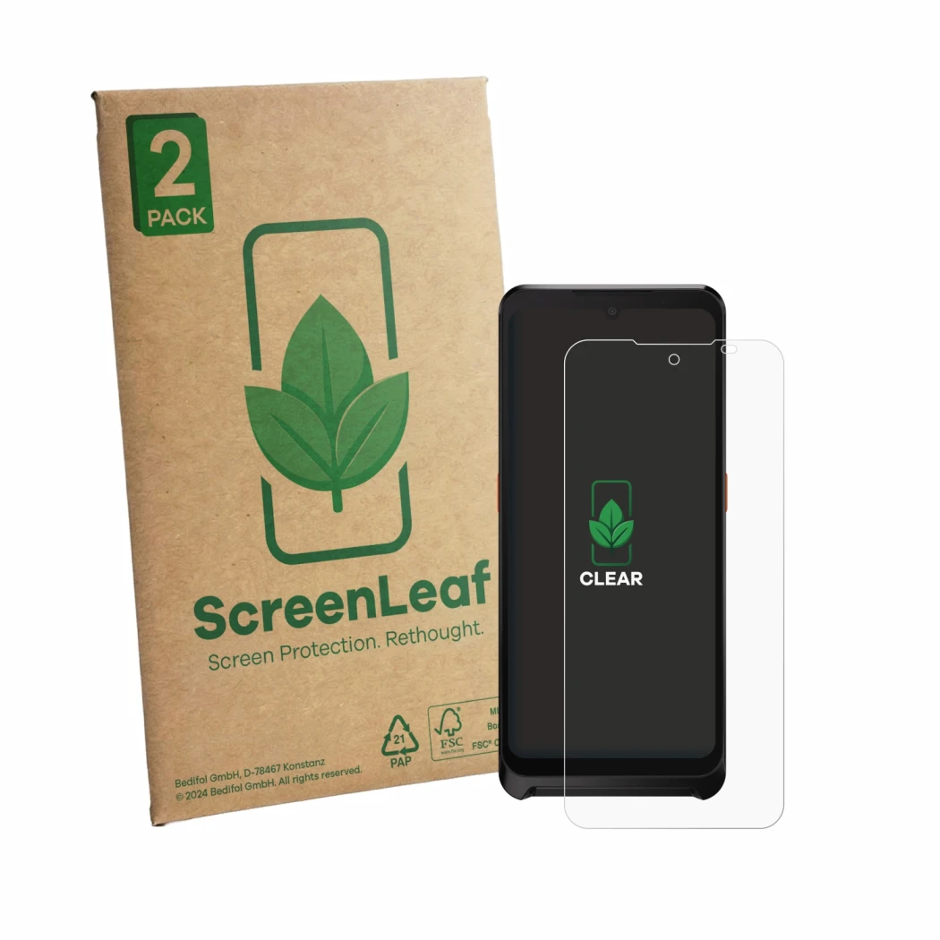 Parte frontale di una confezione del prodotto con il logo del marchio ScreenLeaf. Accanto è raffigurato il dispositivo Sunmi P