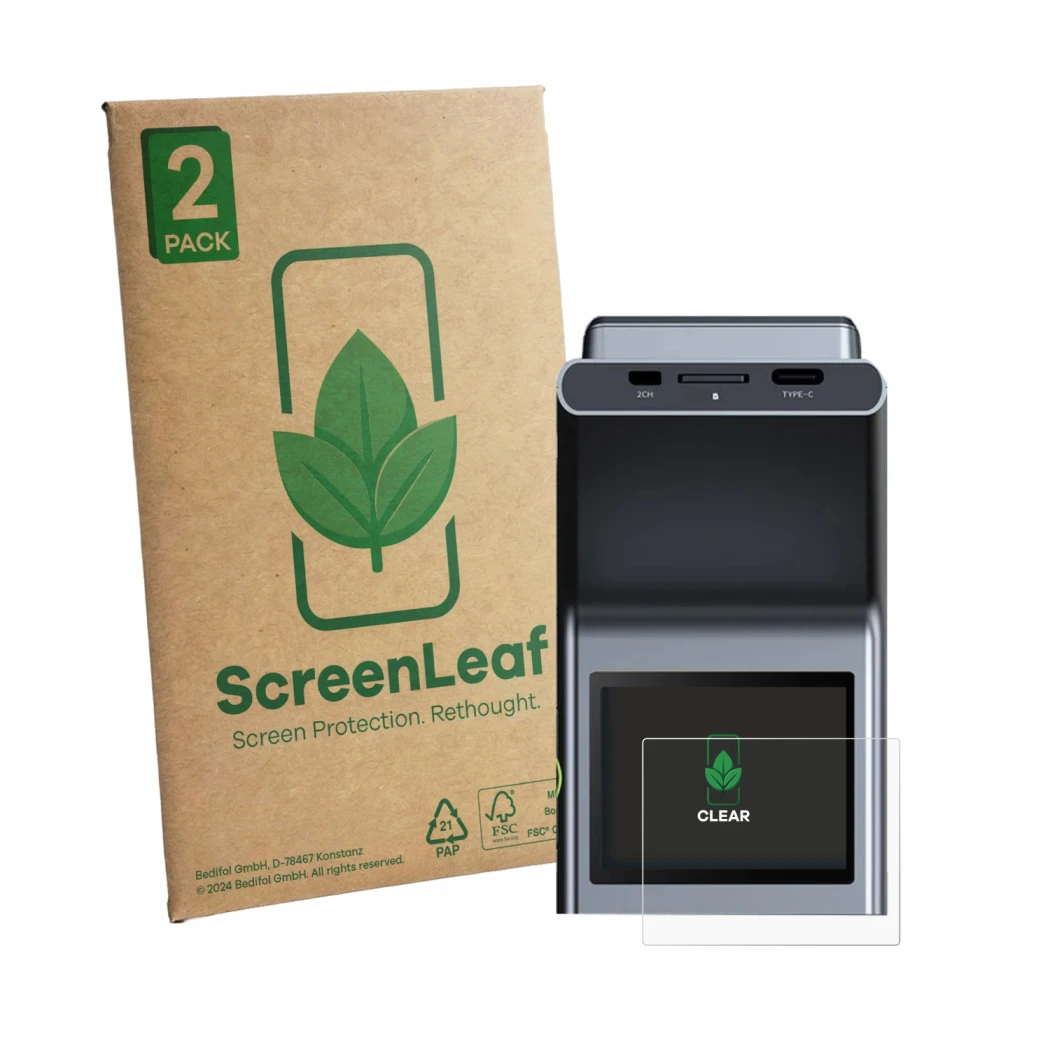 Parte frontale di una confezione del prodotto con il logo del marchio ScreenLeaf. Accanto è raffigurato il dispositivo Botslab
