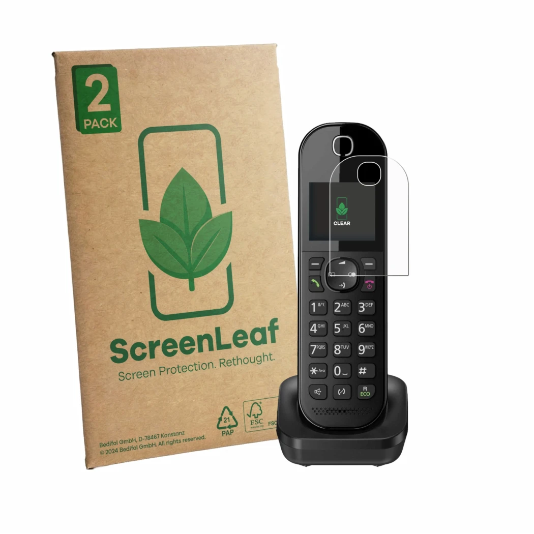 Parte frontale di una confezione del prodotto con il logo del marchio ScreenLeaf. Accanto è raffigurato il dispositivo Panason