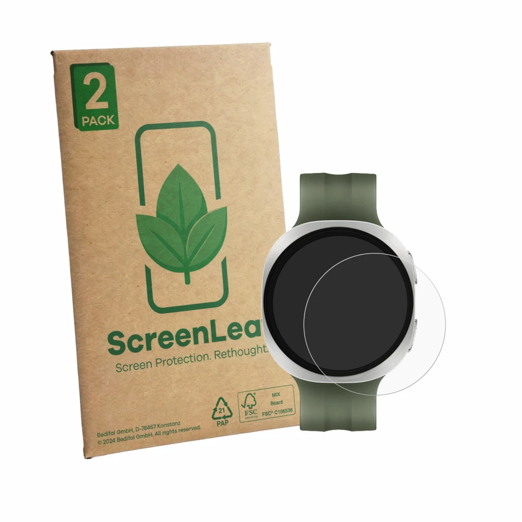 Parte frontale di una confezione del prodotto con il logo del marchio ScreenLeaf. Accanto è raffigurato il dispositivo Samsung