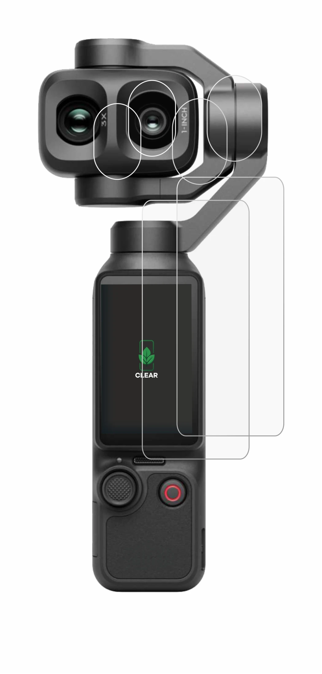 Immagine del dispositivo DJI Osmo Pocket 4P (Display + Lente) con un'ampia varietà di protezioni per lo schermo.