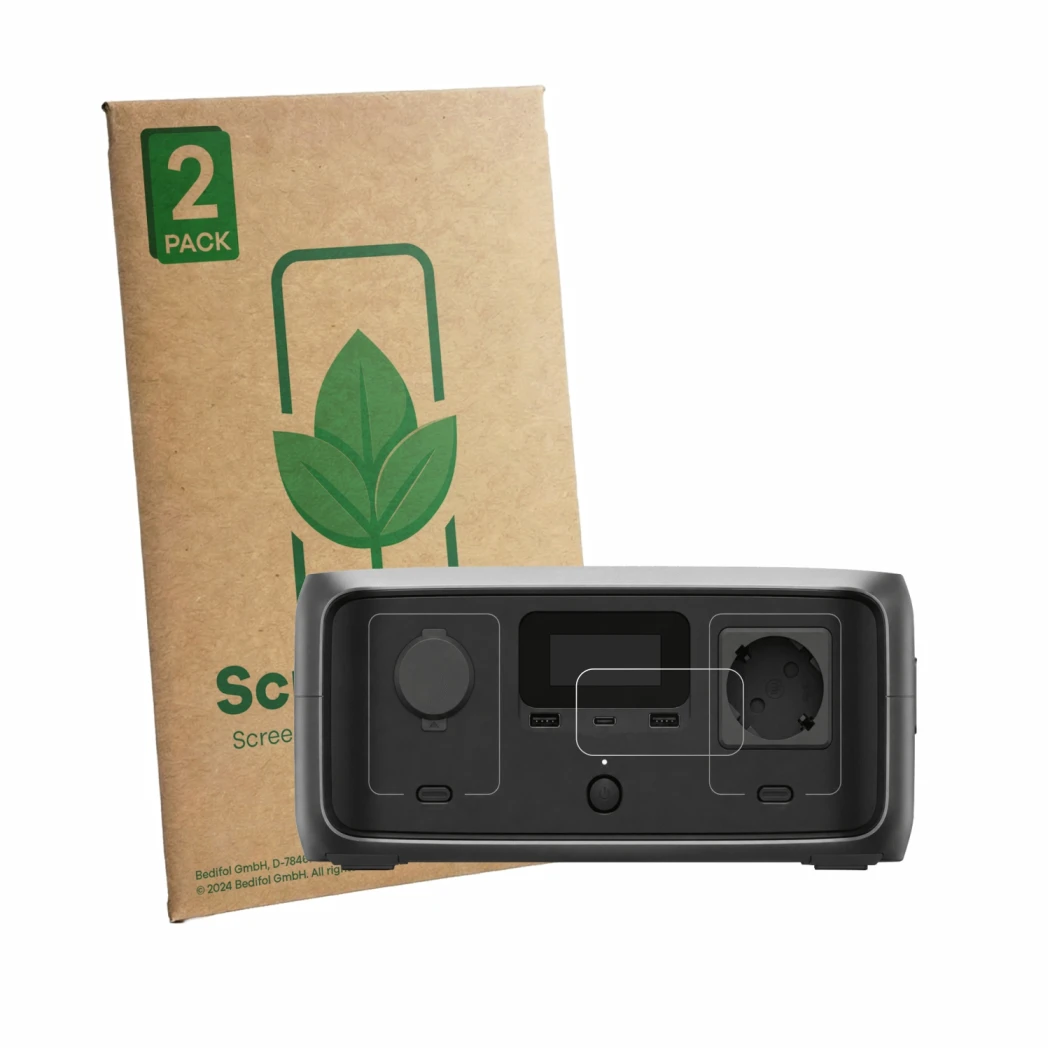 Parte frontale di una confezione del prodotto con il logo del marchio ScreenLeaf. Accanto è raffigurato il dispositivo EcoFlow