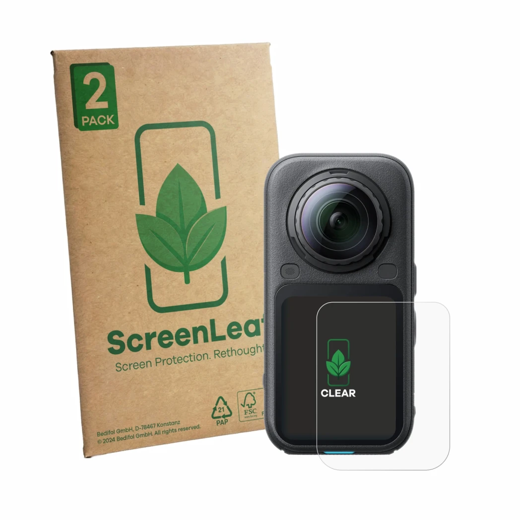 Parte frontale di una confezione del prodotto con il logo del marchio ScreenLeaf. Accanto è raffigurato il dispositivo Insta36