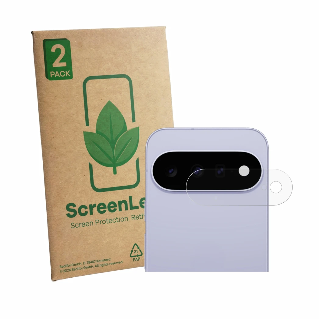 Parte frontale di una confezione del prodotto con il logo del marchio ScreenLeaf. Accanto è raffigurato il dispositivo Google 