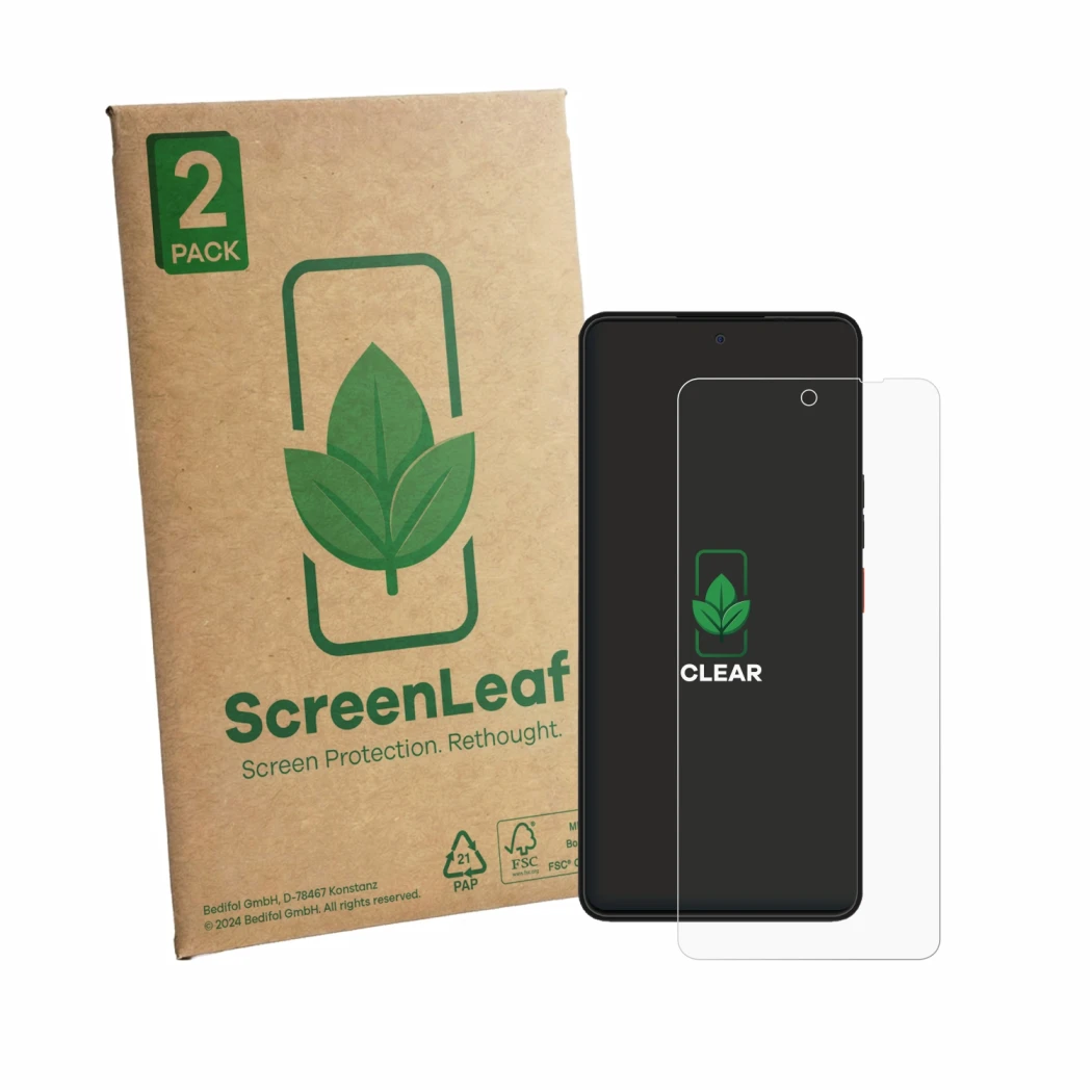 Parte frontale di una confezione del prodotto con il logo del marchio ScreenLeaf. Accanto è raffigurato il dispositivo Volla P