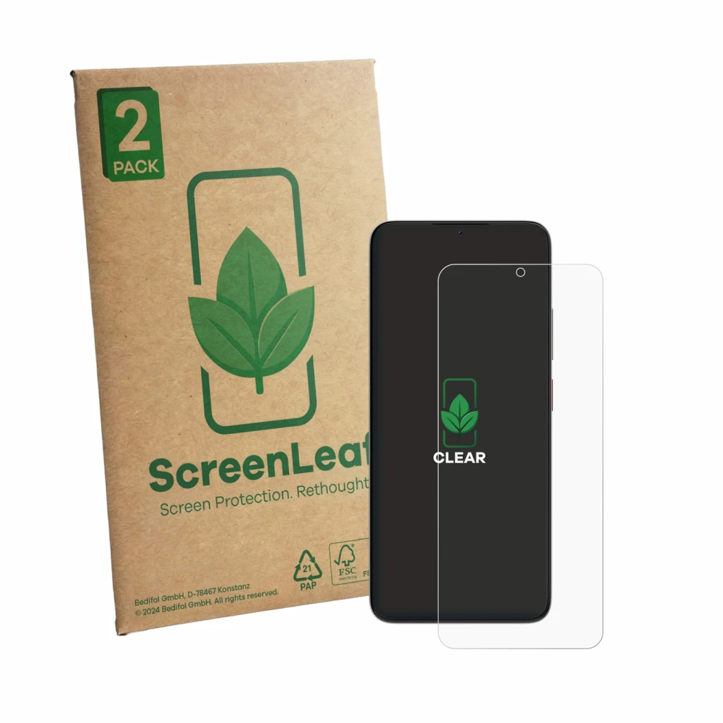 Parte frontale di una confezione del prodotto con il logo del marchio ScreenLeaf. Accanto è raffigurato il dispositivo ZTE Bla