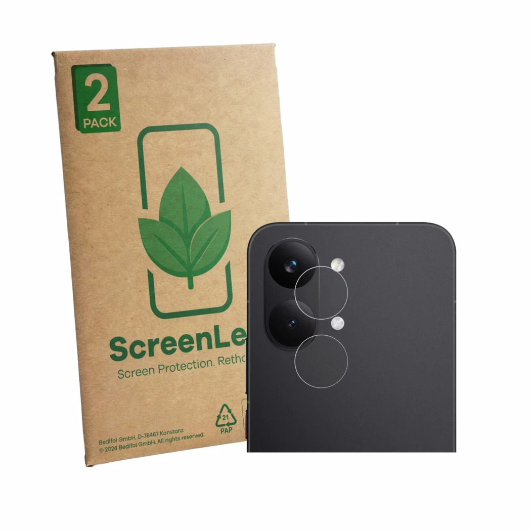 Parte frontale di una confezione del prodotto con il logo del marchio ScreenLeaf. Accanto è raffigurato il dispositivo Xiaomi 