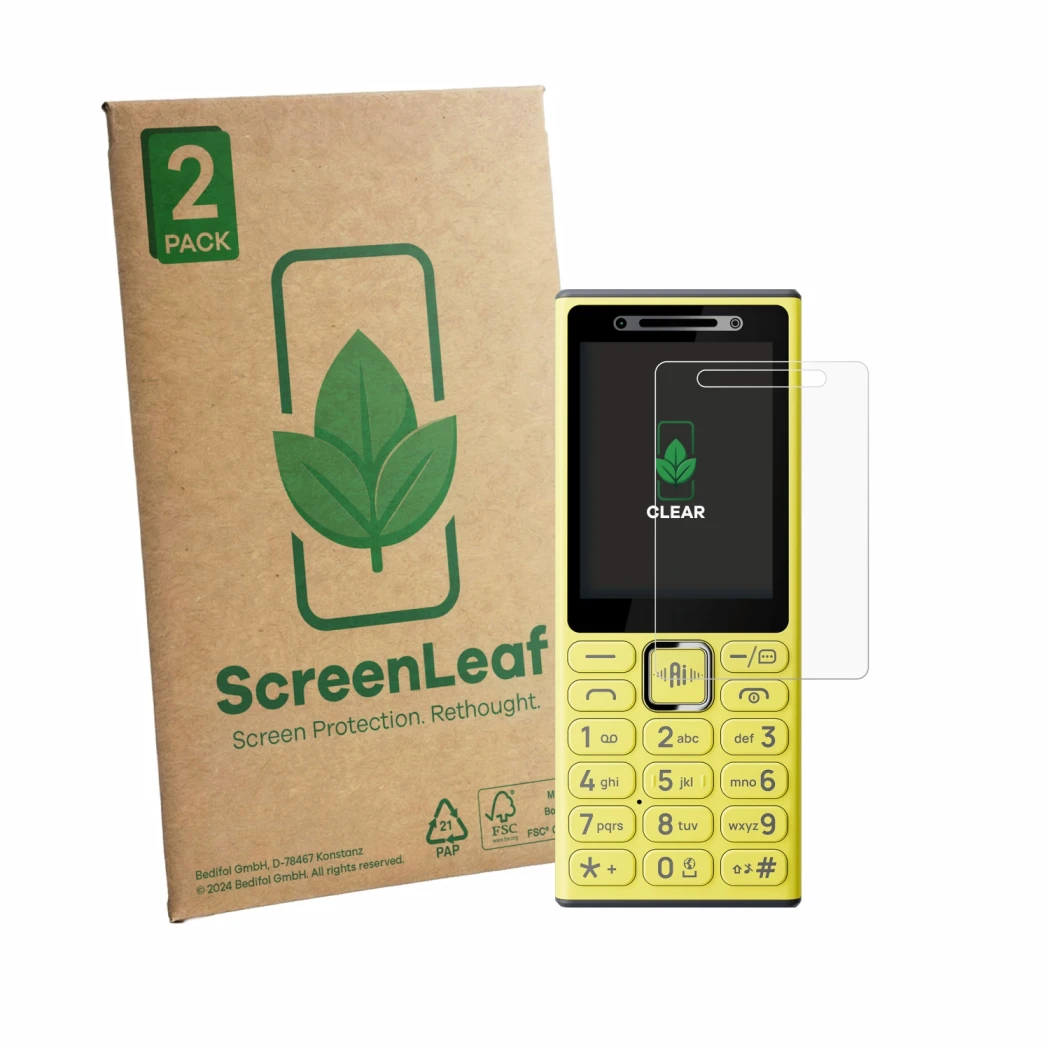 Parte frontale di una confezione del prodotto con il logo del marchio ScreenLeaf. Accanto è raffigurato il dispositivo Nokia 2