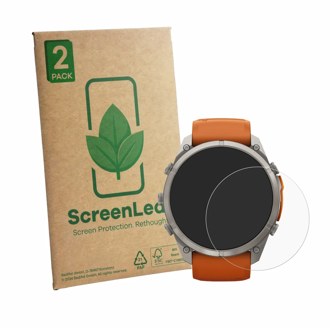 Parte frontale di una confezione del prodotto con il logo del marchio ScreenLeaf. Accanto è raffigurato il dispositivo Garmin 