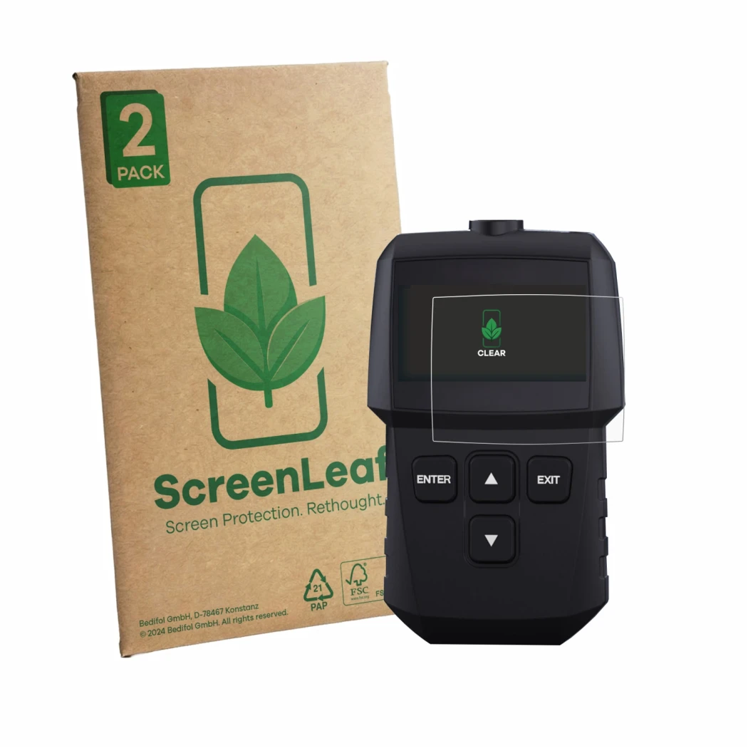 Parte frontale di una confezione del prodotto con il logo del marchio ScreenLeaf. Accanto è raffigurato il dispositivo Topdon 
