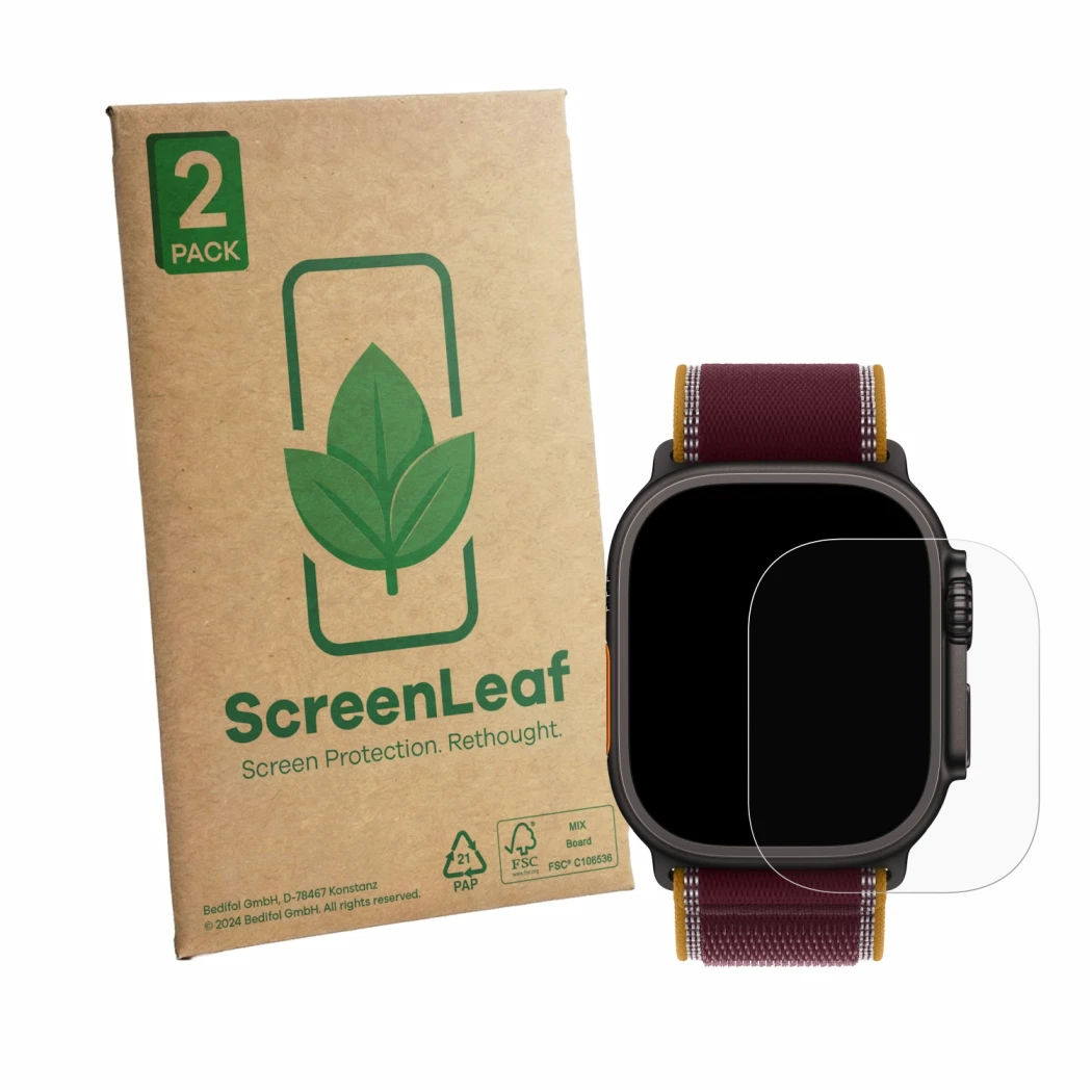 Parte frontale di una confezione del prodotto con il logo del marchio ScreenLeaf. Accanto è raffigurato il dispositivo Apple W