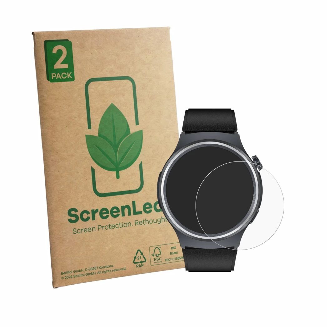 Parte frontale di una confezione del prodotto con il logo del marchio ScreenLeaf. Accanto è raffigurato il dispositivo Black S