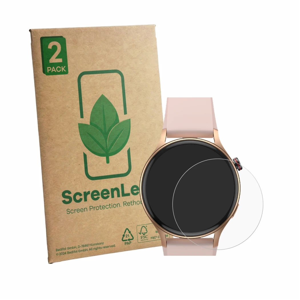 Parte frontale di una confezione del prodotto con il logo del marchio ScreenLeaf. Accanto è raffigurato il dispositivo aeac AR
