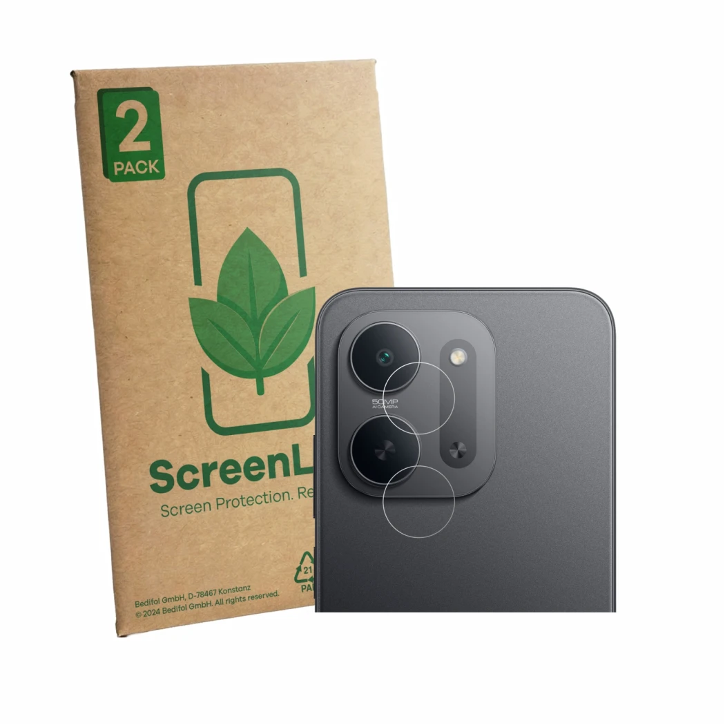 Parte frontale di una confezione del prodotto con il logo del marchio ScreenLeaf. Accanto è raffigurato il dispositivo Xiaomi 