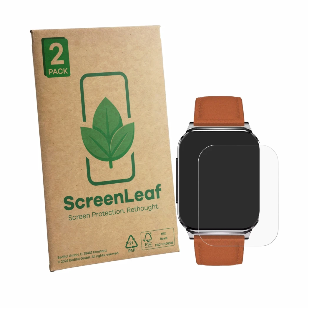 Parte frontale di una confezione del prodotto con il logo del marchio ScreenLeaf. Accanto è raffigurato il dispositivo Knauerm