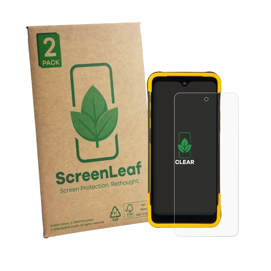 Parte frontale di una confezione del prodotto con il logo del marchio ScreenLeaf. Accanto è raffigurato il dispositivo Trimble