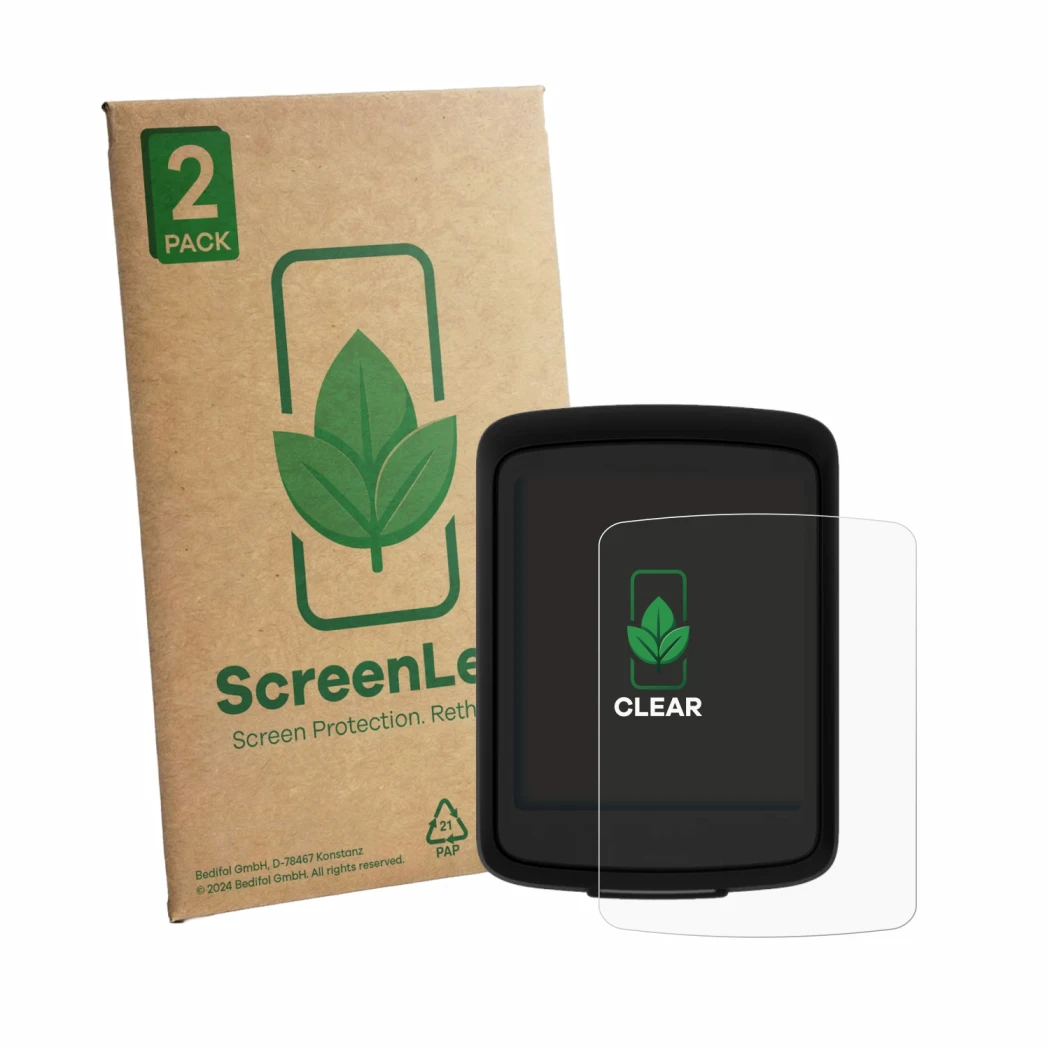 Parte frontale di una confezione del prodotto con il logo del marchio ScreenLeaf. Accanto è raffigurato il dispositivo Bryton 