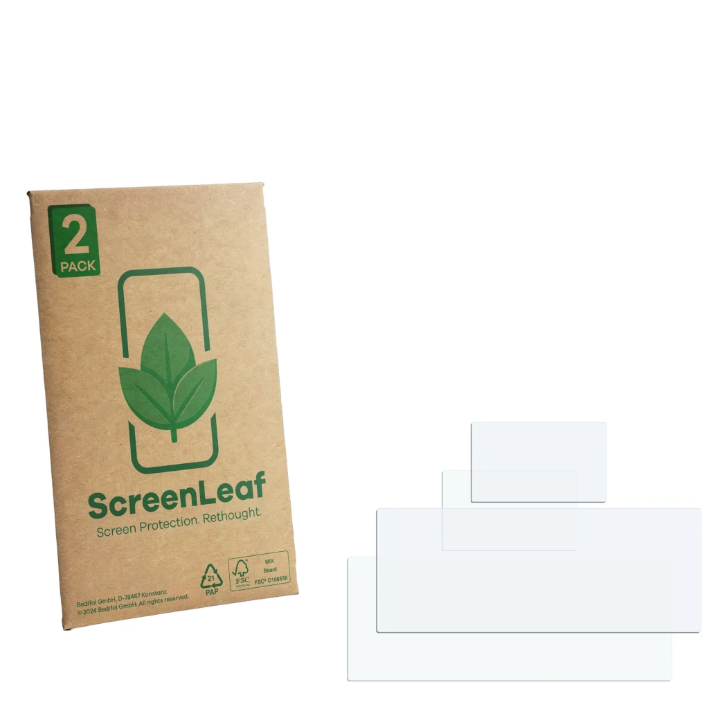 Parte frontale di una confezione del prodotto con il logo del marchio ScreenLeaf. Accanto si trova la protezione per lo scherm
