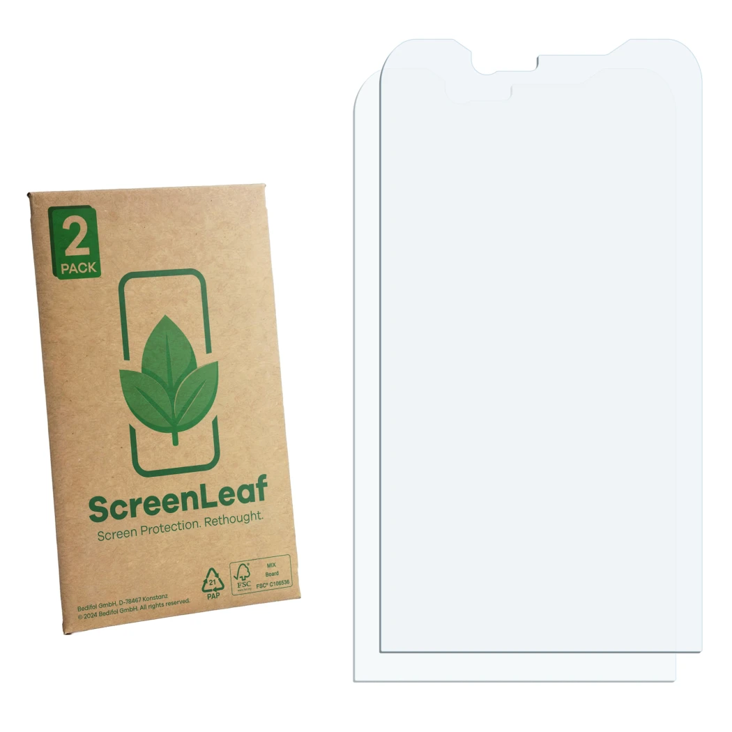 Parte frontale di una confezione del prodotto con il logo del marchio ScreenLeaf. Accanto si trova la protezione per lo scherm