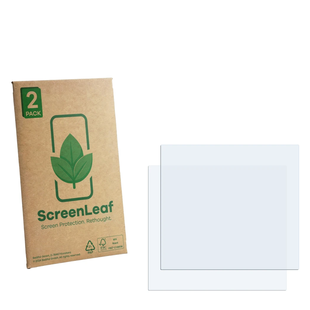 Parte frontale di una confezione del prodotto con il logo del marchio ScreenLeaf. Accanto si trova la protezione per lo scherm