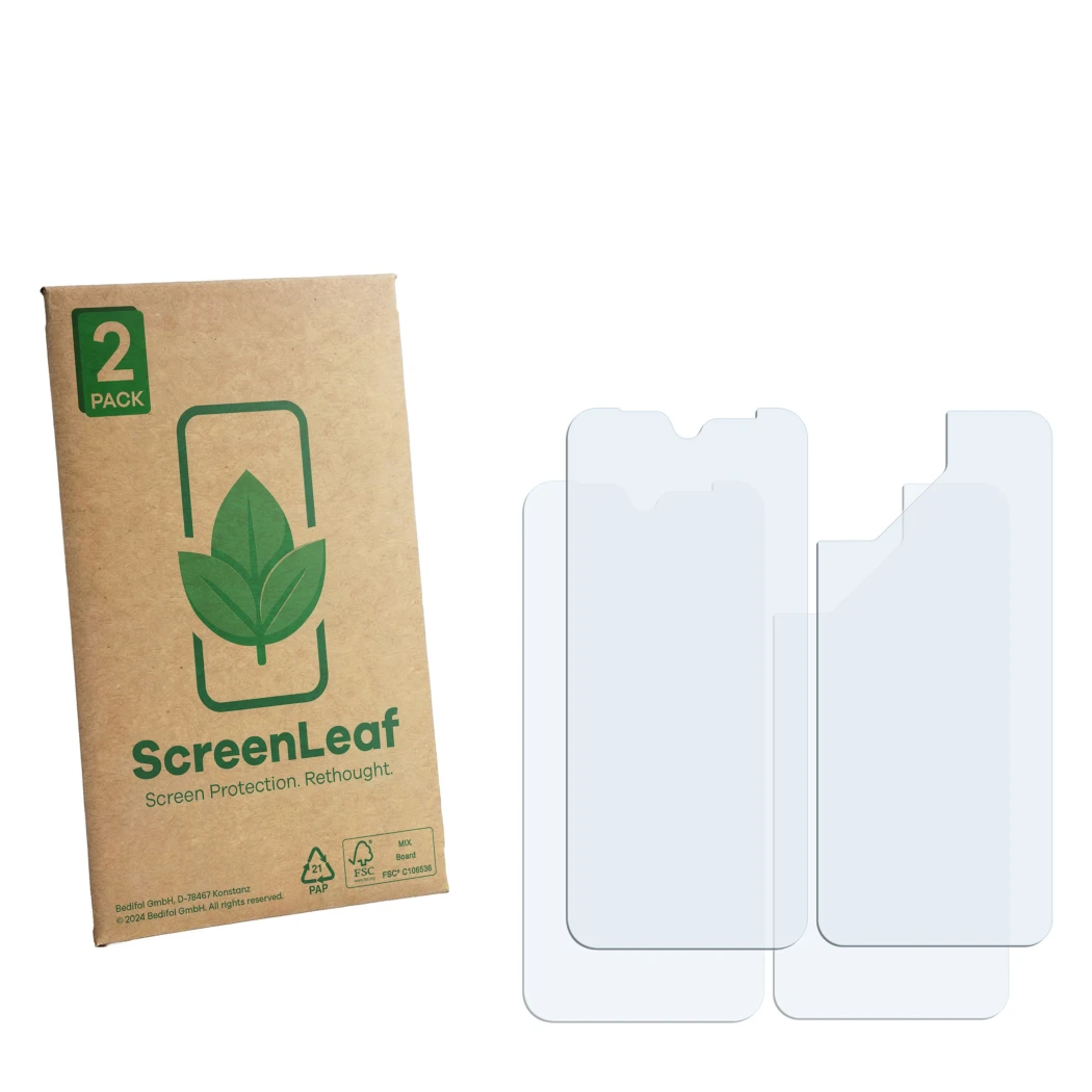 Parte frontale di una confezione del prodotto con il logo del marchio ScreenLeaf. Accanto si trova la protezione per lo scherm