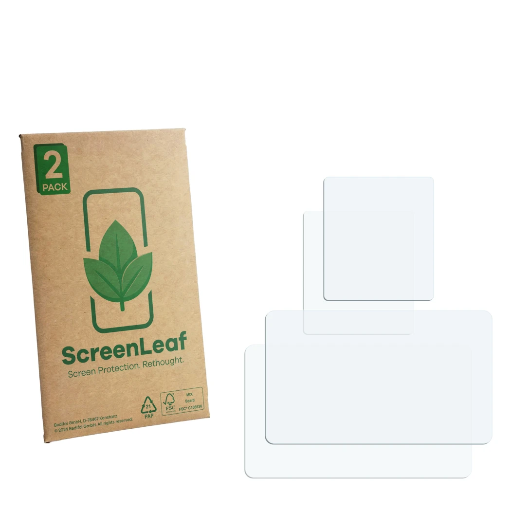 Parte frontale di una confezione del prodotto con il logo del marchio ScreenLeaf. Accanto si trova la protezione per lo scherm